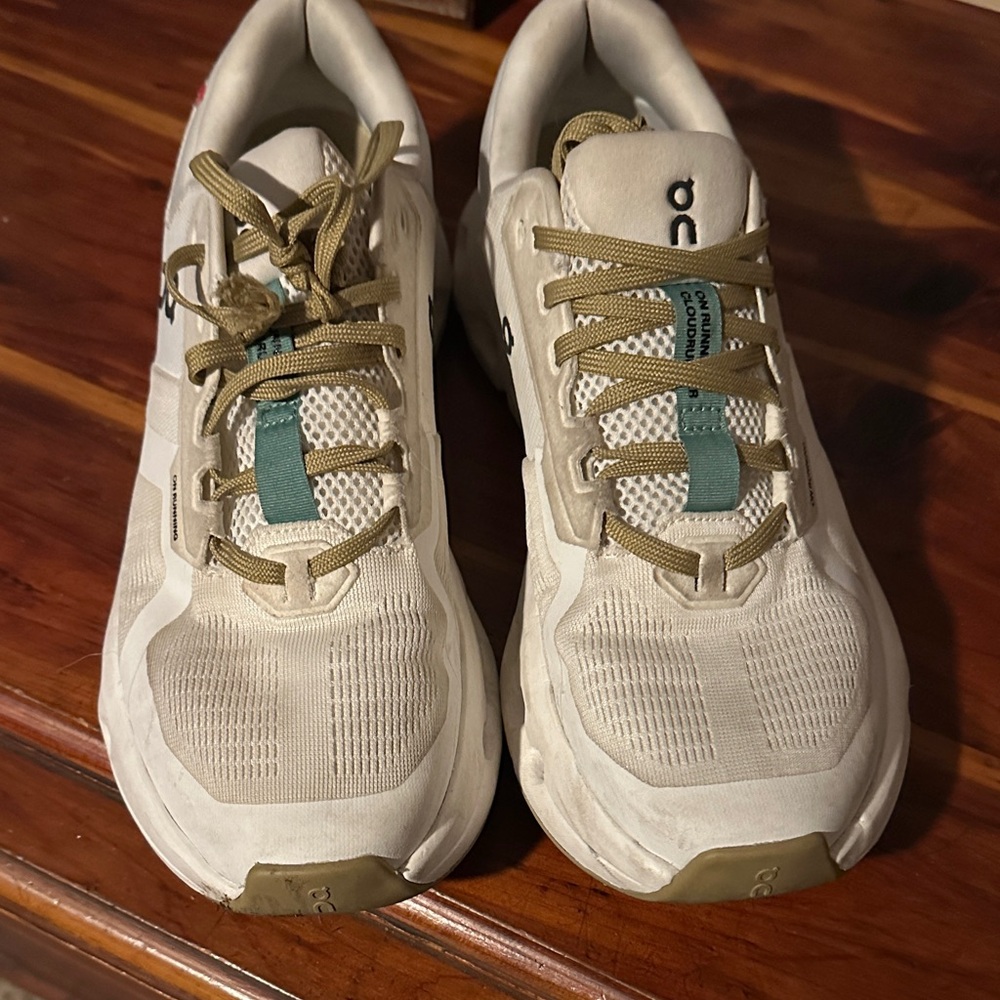 On Running Cream Sneakers with Tan and Green Details